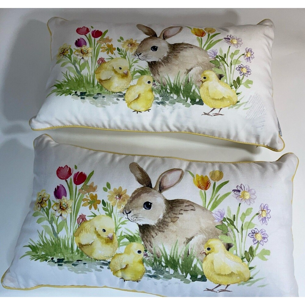 2 Rachel Ashwell The Farmhouse Decorative Accent Pillows w/Bunnie Rabbits 24x14